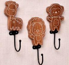 Brown Cute Lion Monkey Giraffe Wall Mounted Hooks For Kids - Pack of 3